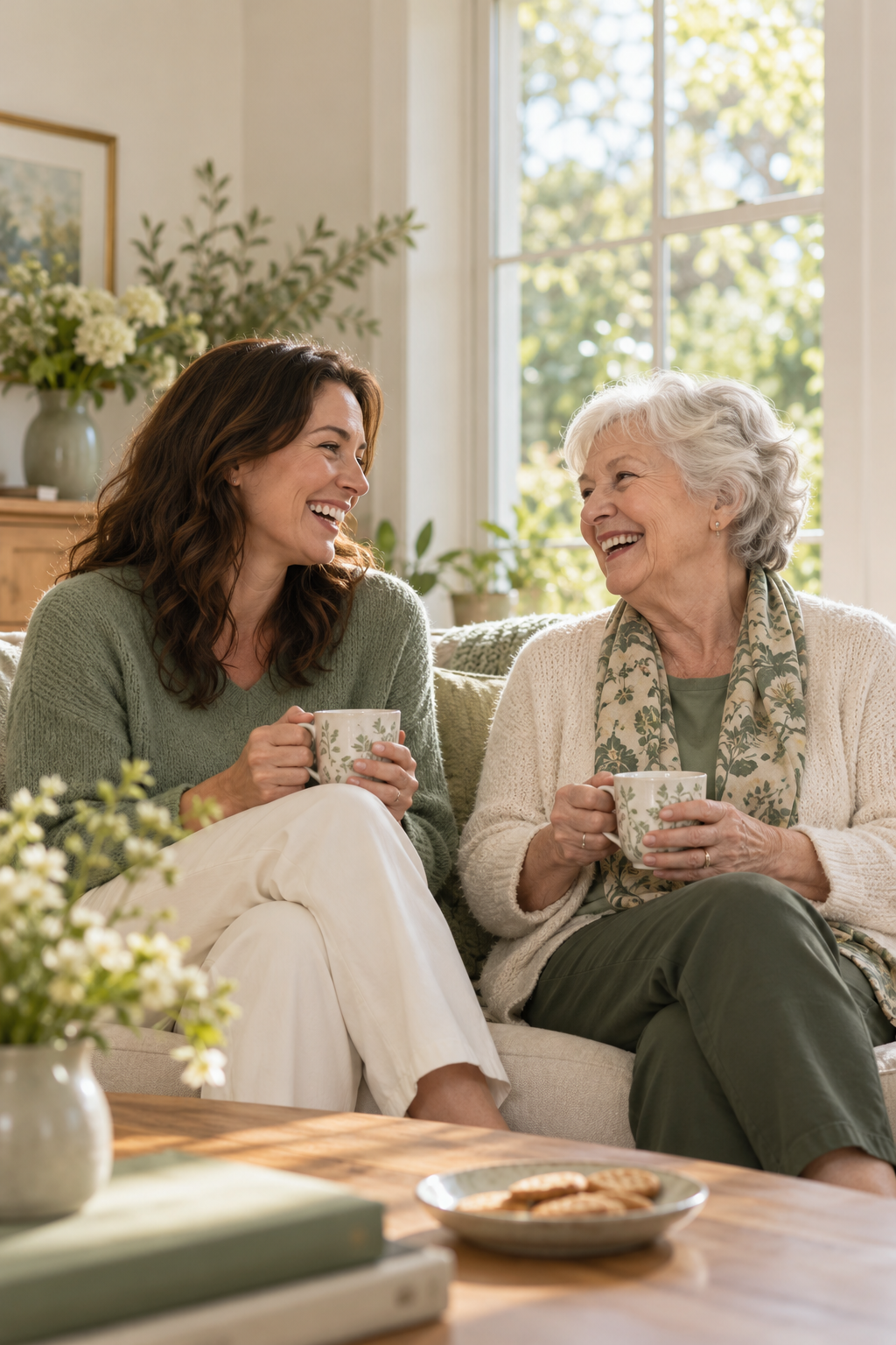 A companion and an older adult sharing a warm conversation at home